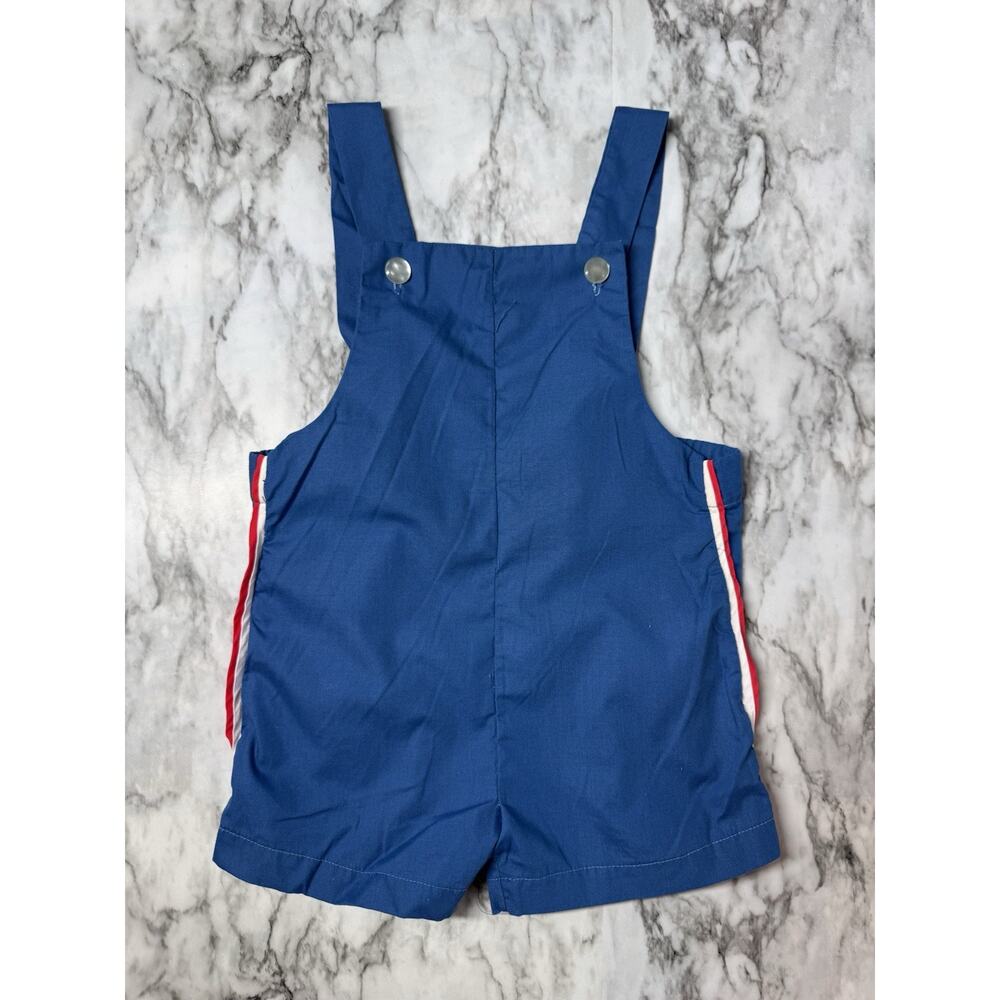 Vintage Bryan Baby Boy Blue Overall Romper Red White Stripe USA made 12-18 Mo
